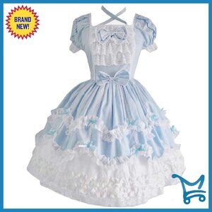 Lolita Dress Cotton Lace Princess Cosplay Costume Puff Sleeves Square Collar